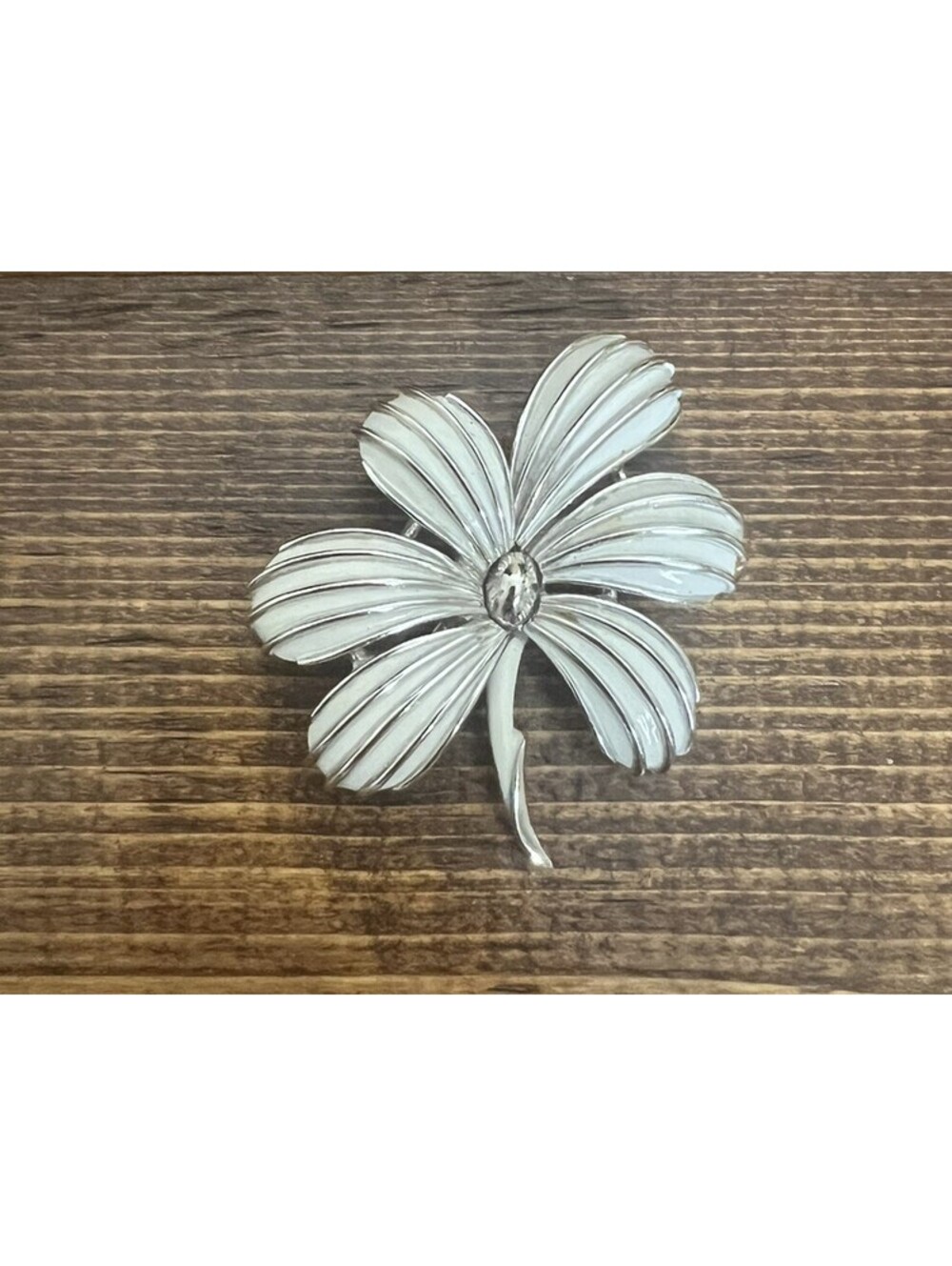 Vintage Flower Brooch White and Silver Blossom Pin 60s Signed Crown Trifari